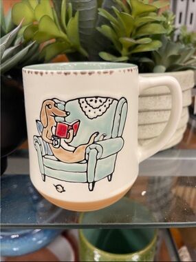 Dachshund Reading on an Armchair with Coffee Glazed Ceramic Coffee Mug NEW